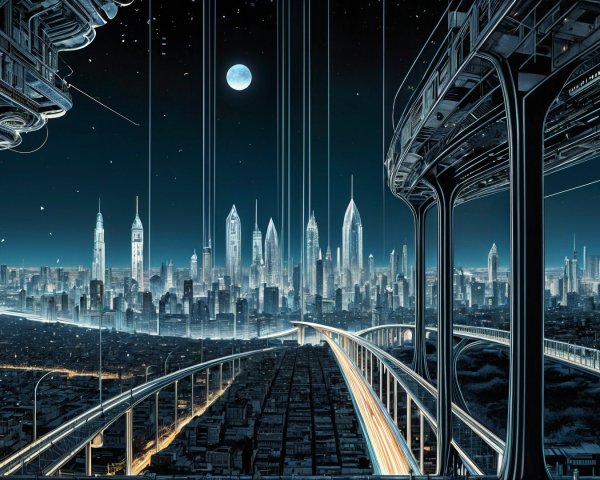 Futuristic Night Cityscape with Illuminated Skyscrapers