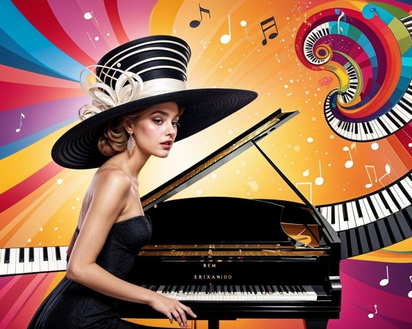 Elegant Woman in Black Hat Beside Grand Piano