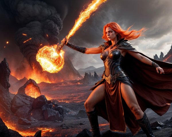 Warrior in Volcanic Landscape with Fiery Weapon
