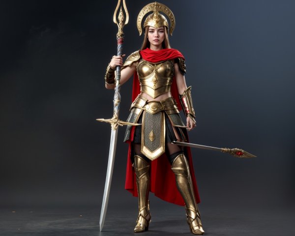 Warrior in Golden Armor with Spear and Sword