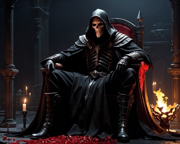 Cloaked Figure on Throne in Dimly Lit Chamber