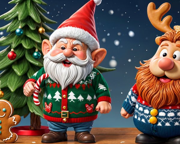 Cheerful Santa and Reindeer by a Festive Christmas Tree