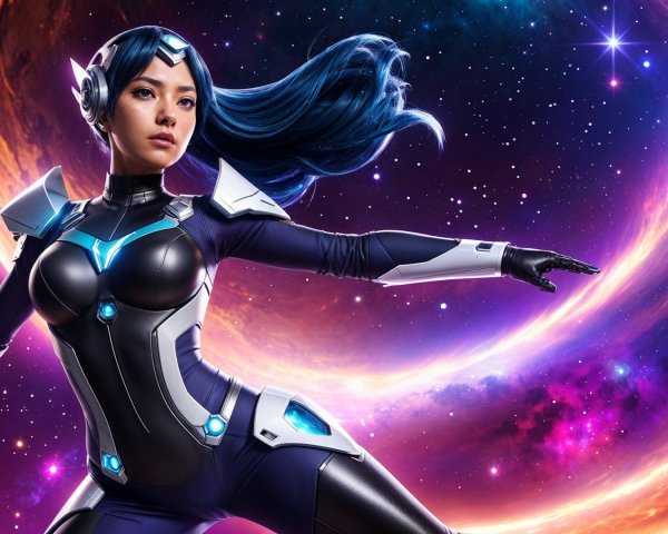 Futuristic Armored Female Character in Cosmic Setting