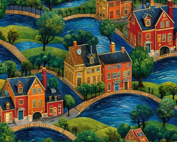 Whimsical Landscape with Colorful Houses and Rivers