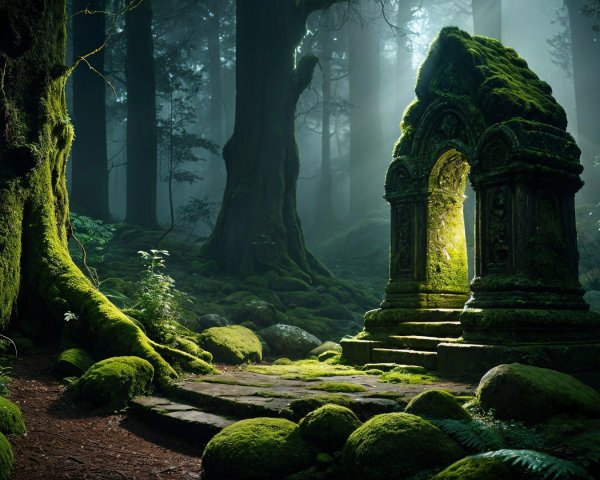 Mystical Forest with Stone Archway and Lush Vegetation