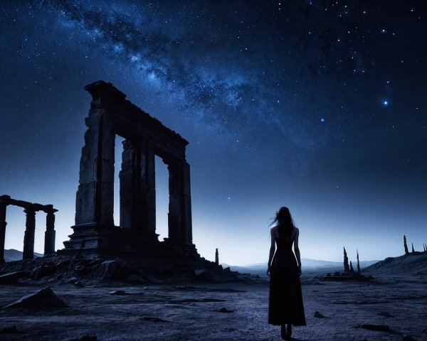 Solitary Figure Against Twilight Sky and Ancient Columns