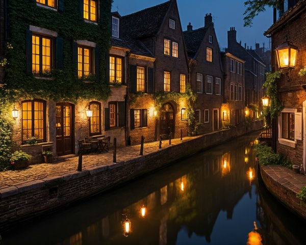 Serene canal with charming brick houses at twilight