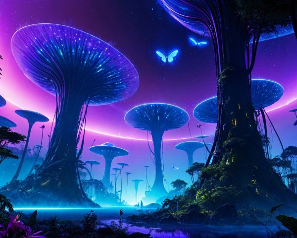 Surreal Landscape with Bioluminescent Mushrooms