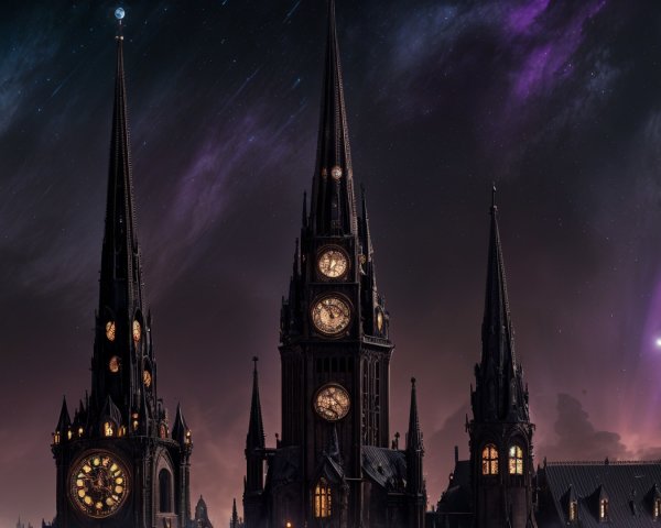 Gothic Structure with Spires Against Starry Night Sky