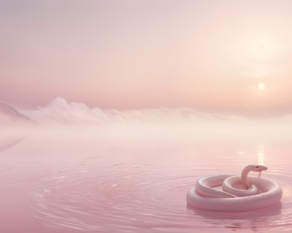 Serene landscape with pink water and glowing suns