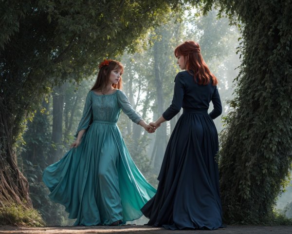 Women in Dresses Walking Through a Green Archway