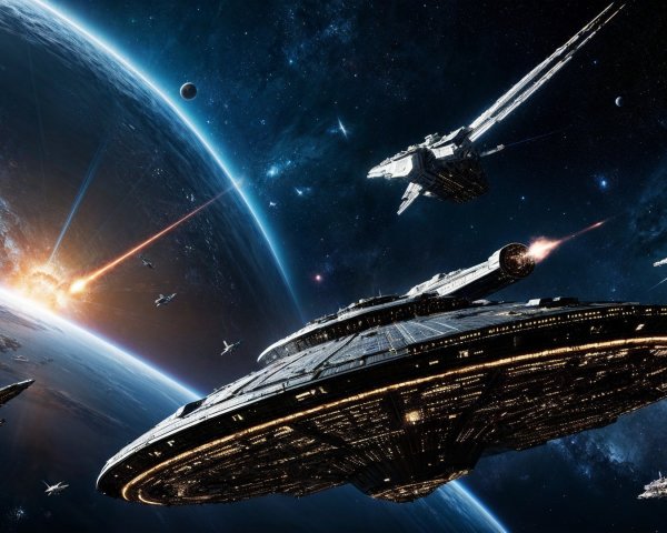 Futuristic Spacecraft in Cosmic Battle Scene