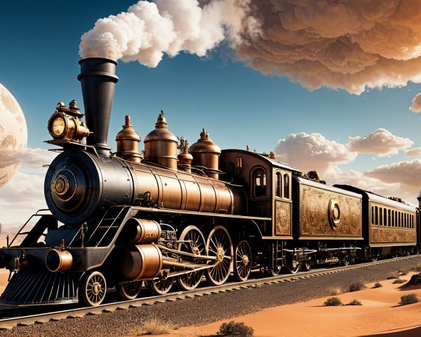 Steam Locomotive in Desert Landscape with Balloons