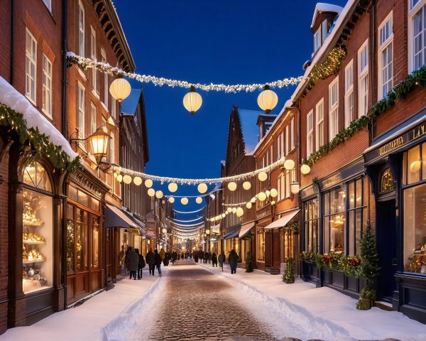 Snowy European Street Decorated for Christmas Night