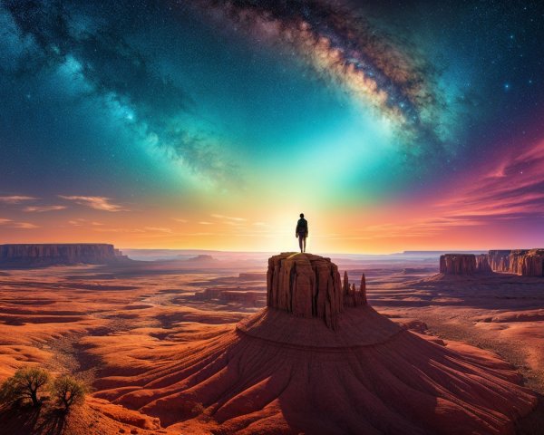 Lone Figure on Rock Formation in Twilight Landscape