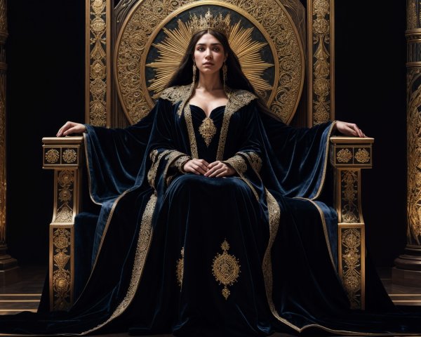 Regal Figure on Ornate Throne in Dimly Lit Setting