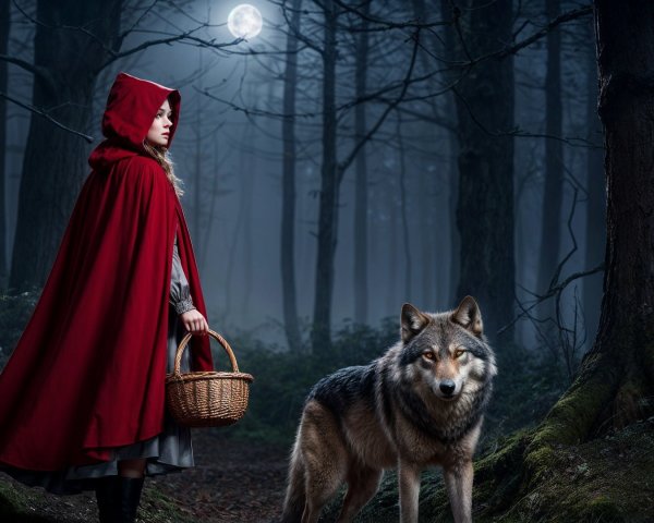 Moonlit Forest Scene with Girl and Watchful Wolf
