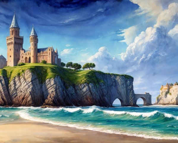Castle on Cliff Surrounded by Lush Nature and Waves