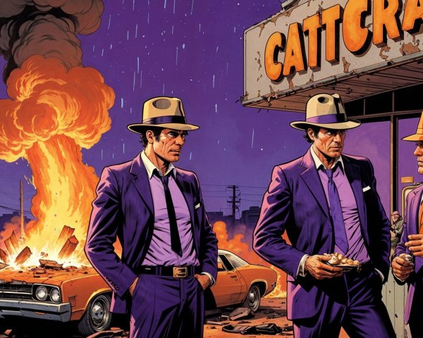 Three Men in Purple Suits by Burning Car at Diner