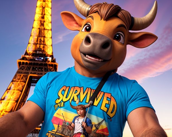 Person in Bull Mask at Eiffel Tower at Sunset