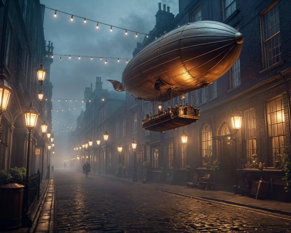 Foggy Street with Vintage Airship and Warm Lighting