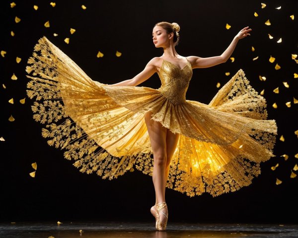 Ballerina in Golden Dress Surrounded by Gold Confetti