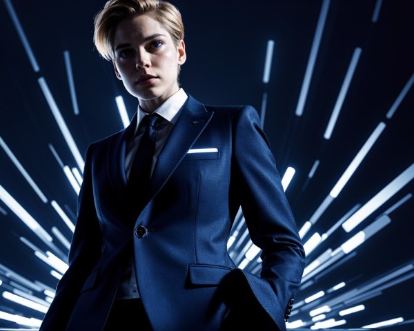 Confident Individual in Blue Suit with Dramatic Lighting