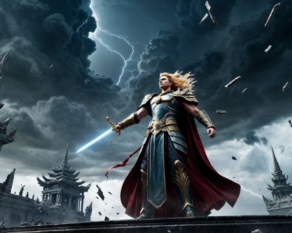 Majestic warrior on stone platform with sword and armor