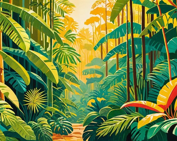 Lush Jungle Scene with Vibrant Foliage and Canopy