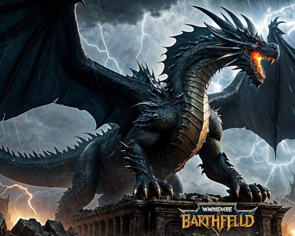Majestic Black Dragon on Ruined Structure Under Storm