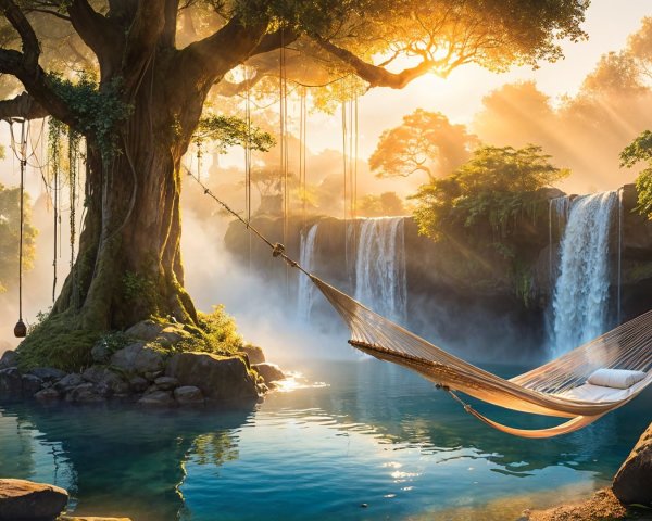 Majestic tree and hammock by serene blue lagoon