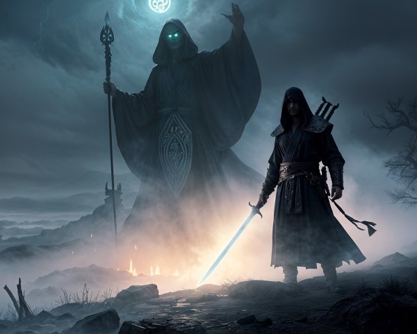 Dark Mystical Landscape with Hooded Figure and Specter