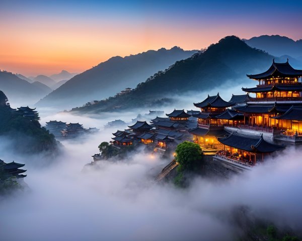 Serene Mountain Landscape with Asian Architecture at Dusk