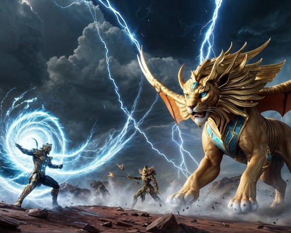 Colossal Lion Creature in Epic Battle with Warriors
