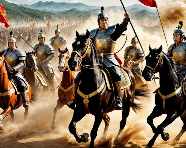 Dramatic Battlefield Scene with Armored Warriors on Horseback