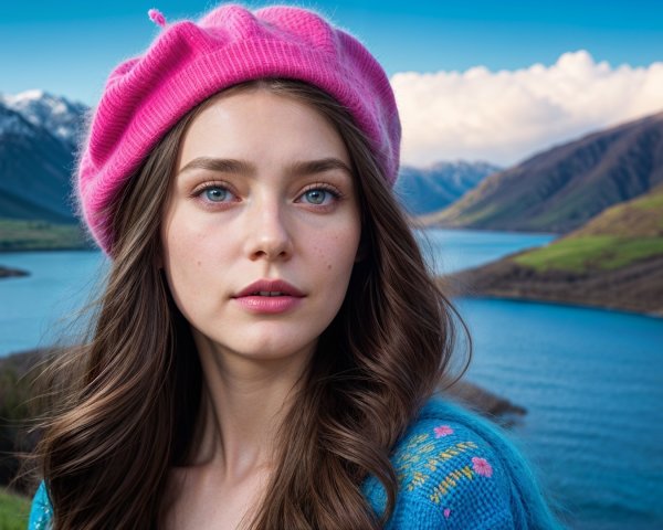 Young woman with blue eyes in scenic landscape setting