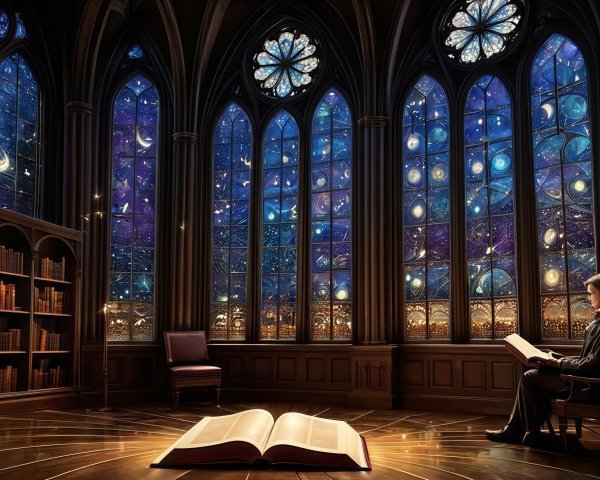 Gothic library with starry night windows and books