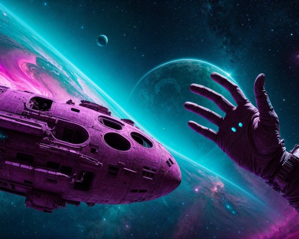 Purple Spaceship Near Vibrant Nebula in Space Scene