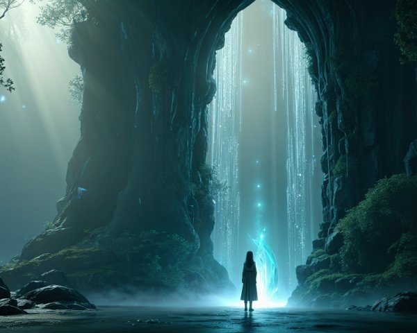 Mysterious Cave with Ethereal Light and Silhouette Figure