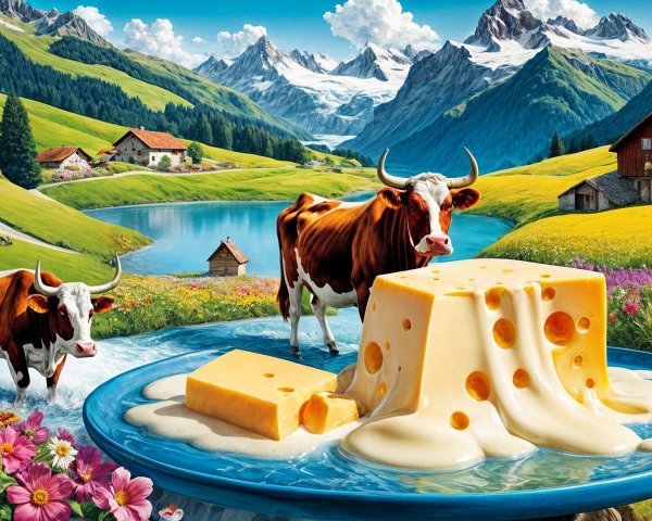 Cows Grazing by Lake in Lush Rural Landscape