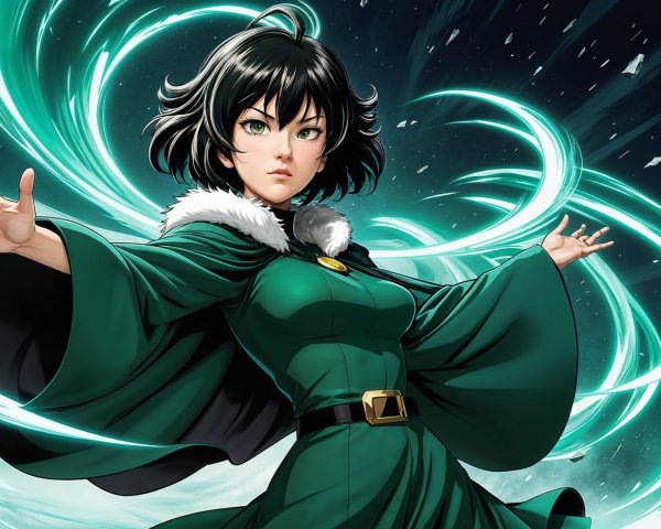 Confident Female Character in Elegant Green Dress