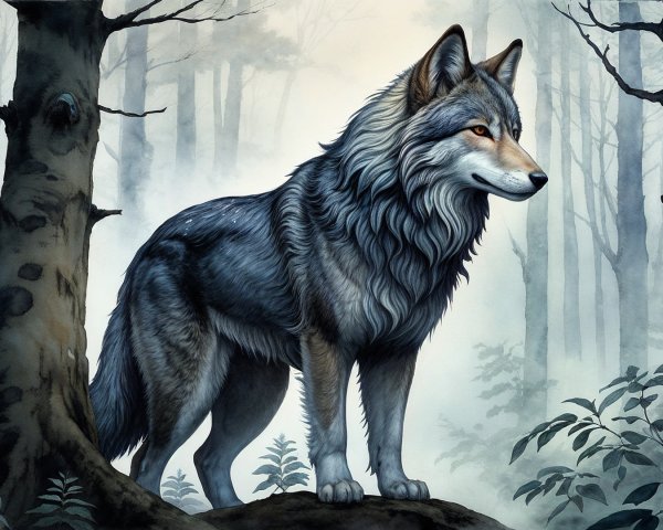 Majestic wolf in misty forest with lush greenery