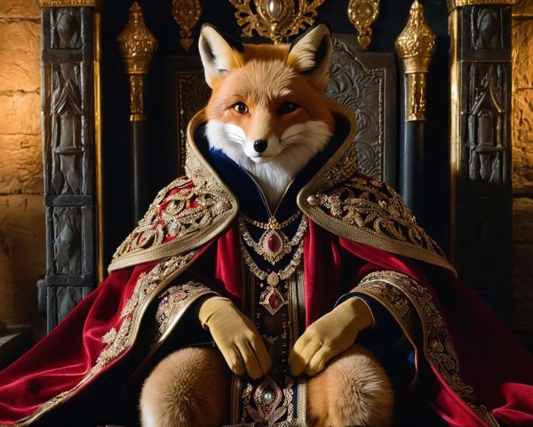 Photorealistic portrait of a red fox king on throne