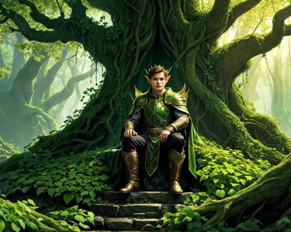 Regal Elf on Stone Throne in Enchanted Forest