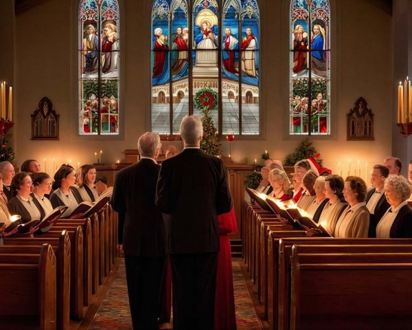 Choir Performance in Decorated Church with Stained Glass