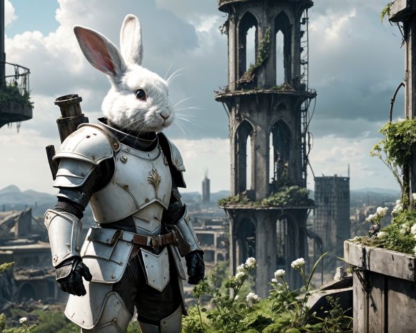 Rabbit in Silver Armor in Post-Apocalyptic Setting