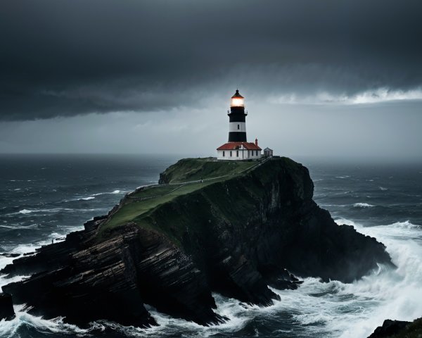 Lighthouse on Rugged Cliff Amidst Turbulent Ocean Waves