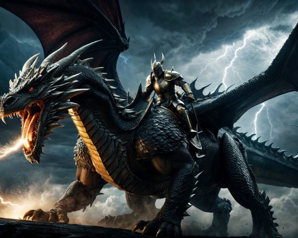 Dragon and Knight in Stormy Sky with Lightning Effects
