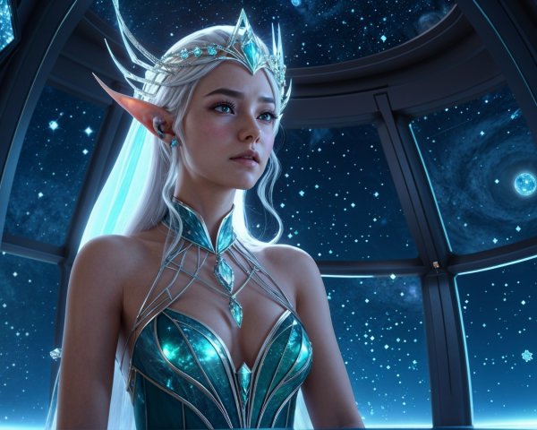 Regal figure in futuristic starry environment with gown