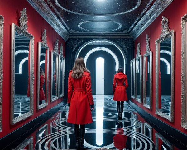 Dramatic Corridor with Red Walls and Glossy Floor